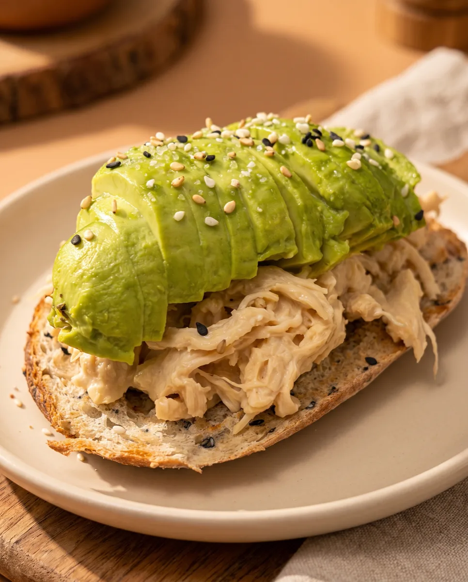 Tosta de pollo deshilachado y palta en pan de masa madre