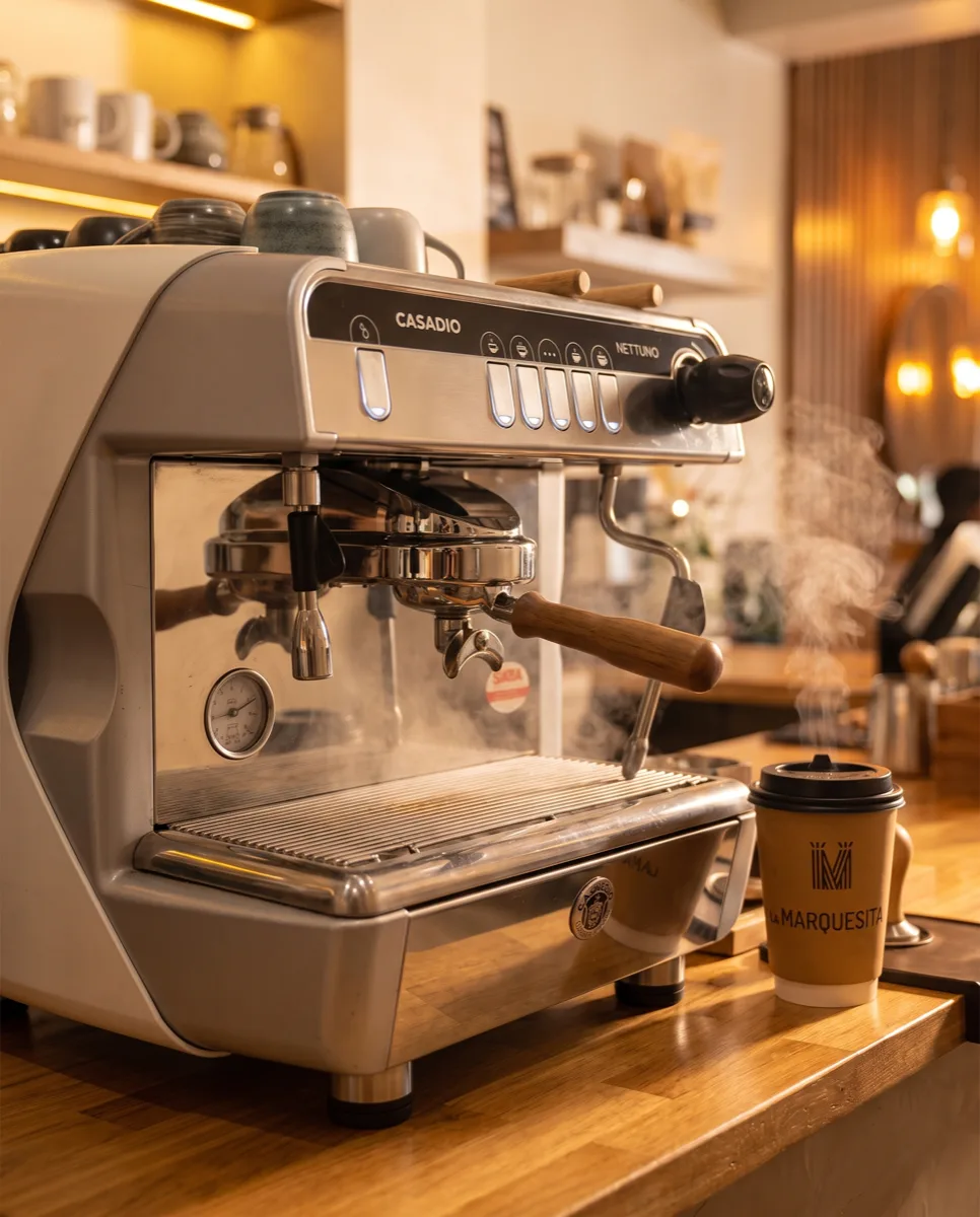 Máquina de espresso y café para llevar con el logo de La Marquesita