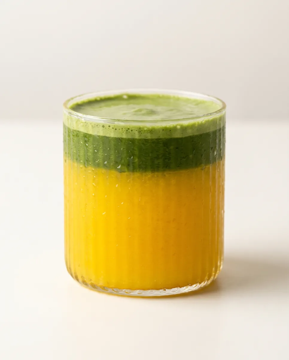 Orange Matcha en vaso acanalado, con capas de matcha y naranja